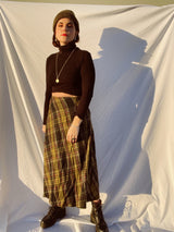 black and yellow plaid wool blend maxi skirt vintage 1980's