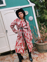 long sleeve maroon with brown feather print robe vintage 1940's