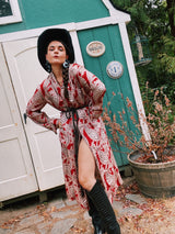 long sleeve maroon with brown feather print robe vintage 1940's