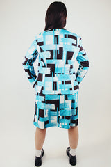 brown and blue and white printed matching jacket and dress vintage 1960's