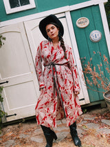 long sleeve maroon with brown feather print robe vintage 1940's