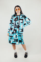 brown and blue and white printed matching jacket and dress vintage 1960's