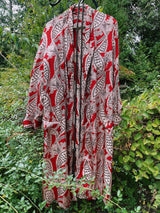 long sleeve maroon with brown feather print robe vintage 1940's