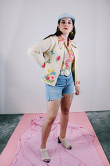 long sleeve cream cardigan with embroidered floral print vintage women's 1960's