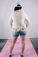 long sleeve cream cardigan with embroidered floral print vintage women's 1960's
