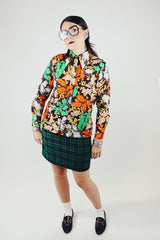 long sleeve brown button up blouse with green orange and yellow print vintage 1970's