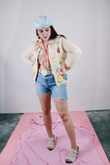 long sleeve cream cardigan with embroidered floral print vintage women's 1960's