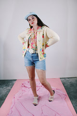 long sleeve cream cardigan with embroidered floral print vintage women's 1960's