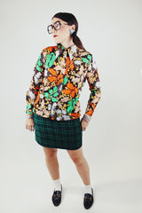 long sleeve brown button up blouse with green orange and yellow print vintage 1970's