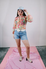 long sleeve floral printed sheer button up blouse with collar vintage 1960's women's