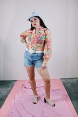 long sleeve floral printed sheer button up blouse with collar vintage 1960's women's