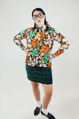 long sleeve brown button up blouse with green orange and yellow print vintage 1970's