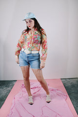 long sleeve floral printed sheer button up blouse with collar vintage 1960's women's