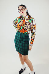 green and black plaid mini skirt form fitting 1990's