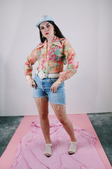 long sleeve floral printed sheer button up blouse with collar vintage 1960's women's