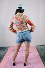 long sleeve floral printed sheer button up blouse with collar vintage 1960's women's