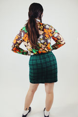 green and black plaid mini skirt form fitting 1990's