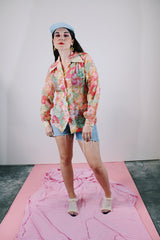long sleeve floral printed sheer button up blouse with collar vintage 1960's women's
