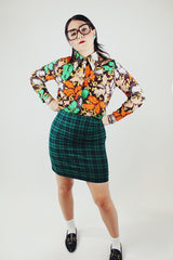 green and black plaid mini skirt form fitting 1990's