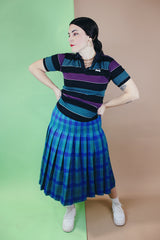 Women's vintage 1980's Miss Pendleton, Made in USA label midi length pleated wool plaid print skirt in blue, green, and pink colors.