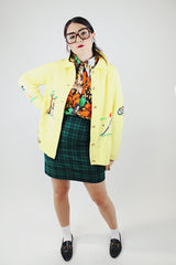 long sleeve yellow button up cardigan with collar and all over embroidery vintage 1960's