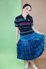 Women's vintage 1980's Miss Pendleton, Made in USA label midi length pleated wool plaid print skirt in blue, green, and pink colors.