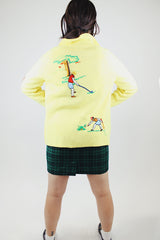 long sleeve yellow button up cardigan with collar and all over embroidery vintage 1960's
