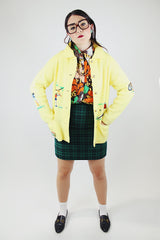 long sleeve yellow button up cardigan with collar and all over embroidery vintage 1960's
