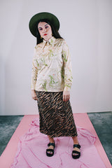 long sleeve half button closure with collar printed blouse women's vintage