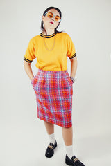 pink orange and red plaid nubby midi pencil skirt with pockets vintage 1980's