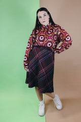 Women's or men's vintage 1970's Marlboro label long sleeve button up shirt with point collar in a lightweight polyester material and magenta, brown, orange, and white all over print.