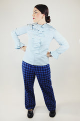long sleeve blue zip up blouse with ruffle cuffs and trim vintage 1960's