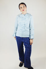 long sleeve blue zip up blouse with ruffle cuffs and trim vintage 1960's