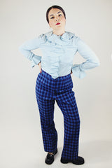 long sleeve blue zip up blouse with ruffle cuffs and trim vintage 1960's