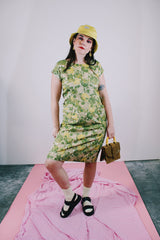 capped sleeves knee length green floral dress vintage 1960's