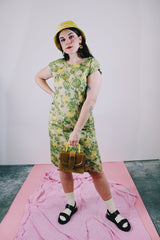 capped sleeves knee length green floral dress vintage 1960's