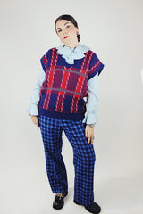 sleeveless wide fit acrylic sweater vest in a blue and red plaid print vintage 1980's