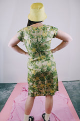 capped sleeves knee length green floral dress vintage 1960's