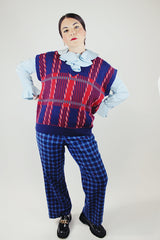 sleeveless wide fit acrylic sweater vest in a blue and red plaid print vintage 1980's