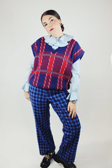 sleeveless wide fit acrylic sweater vest in a blue and red plaid print vintage 1980's