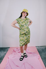 capped sleeves knee length green floral dress vintage 1960's