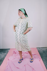 short sleeve floral lace dress midi length cream color with green accents vintage women's 1960's