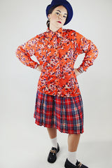 long sleeve red cherry blossom print button up blouse with collar vintage 1970's