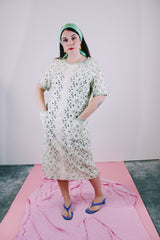 short sleeve floral lace dress midi length cream color with green accents vintage women's 1960's