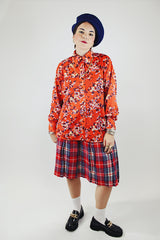 long sleeve red cherry blossom print button up blouse with collar vintage 1970's