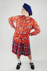 long sleeve red cherry blossom print button up blouse with collar vintage 1970's