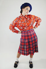 red white and blue plaid pleated wool skirt midi length vintage 1960's