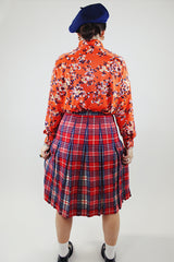 red white and blue plaid pleated wool skirt midi length vintage 1960's