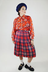 red white and blue plaid pleated wool skirt midi length vintage 1960's