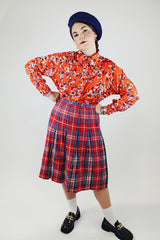 red white and blue plaid pleated wool skirt midi length vintage 1960's